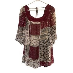 ChicSoul Maroon Ivory Floral Crochet Flutter Bohemian Blouse Size XL EUC #1118